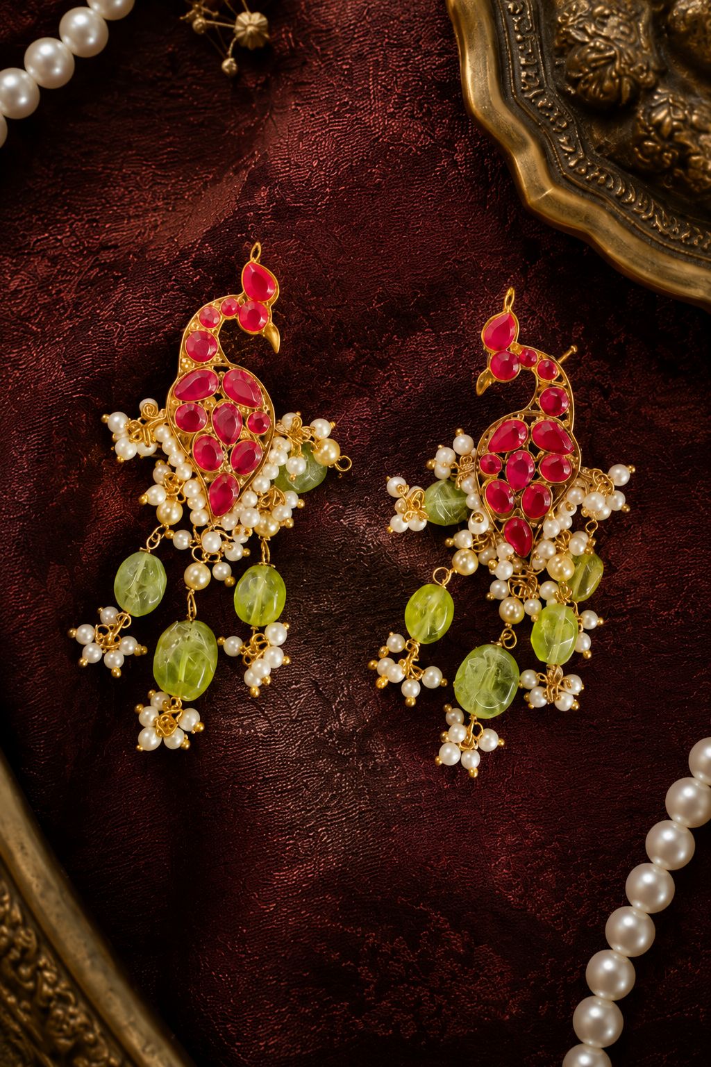 Red and Green Kundan Peridot Stone Dangler Peacock Earrings