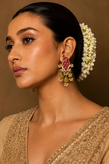 Red and Green Kundan Peridot Stone Dangler Peacock Earrings