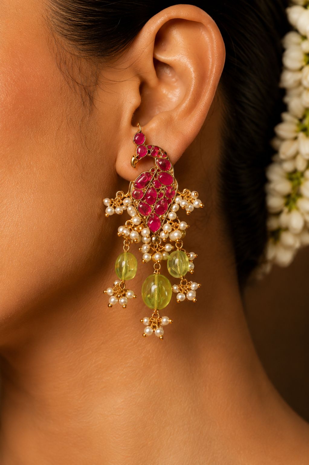 Red and Green Kundan Peridot Stone Dangler Peacock Earrings