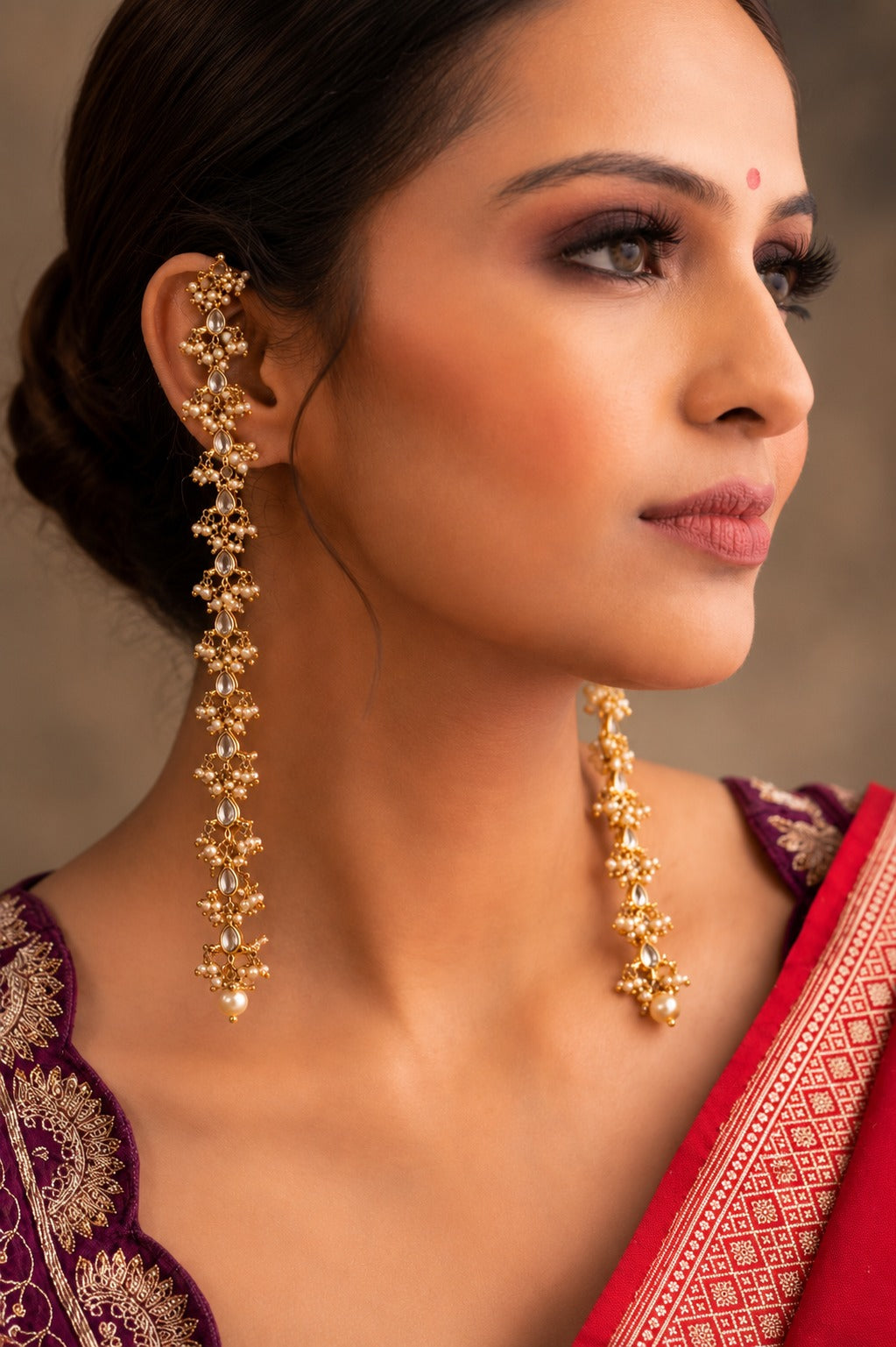 Gold & White Biya Kundan Dangler Earrings