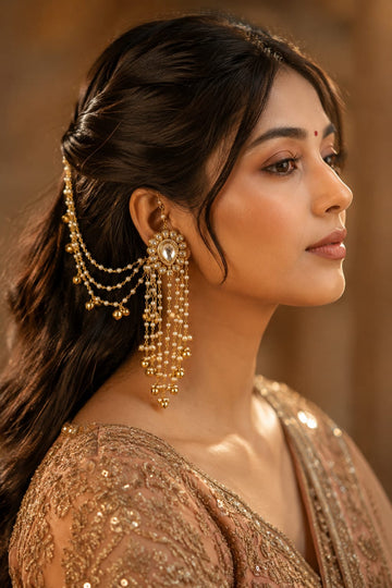 Gold Finish Kundan Gold Bead Dangler Earrings With Attached Kaan Saharas