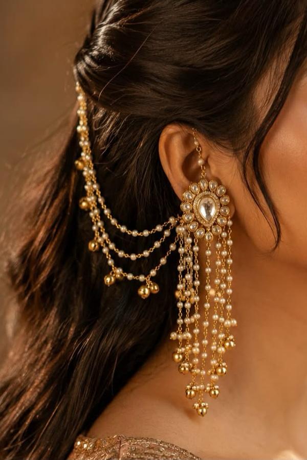 Gold Finish Kundan Gold Bead Dangler Earrings With Attached Kaan Saharas