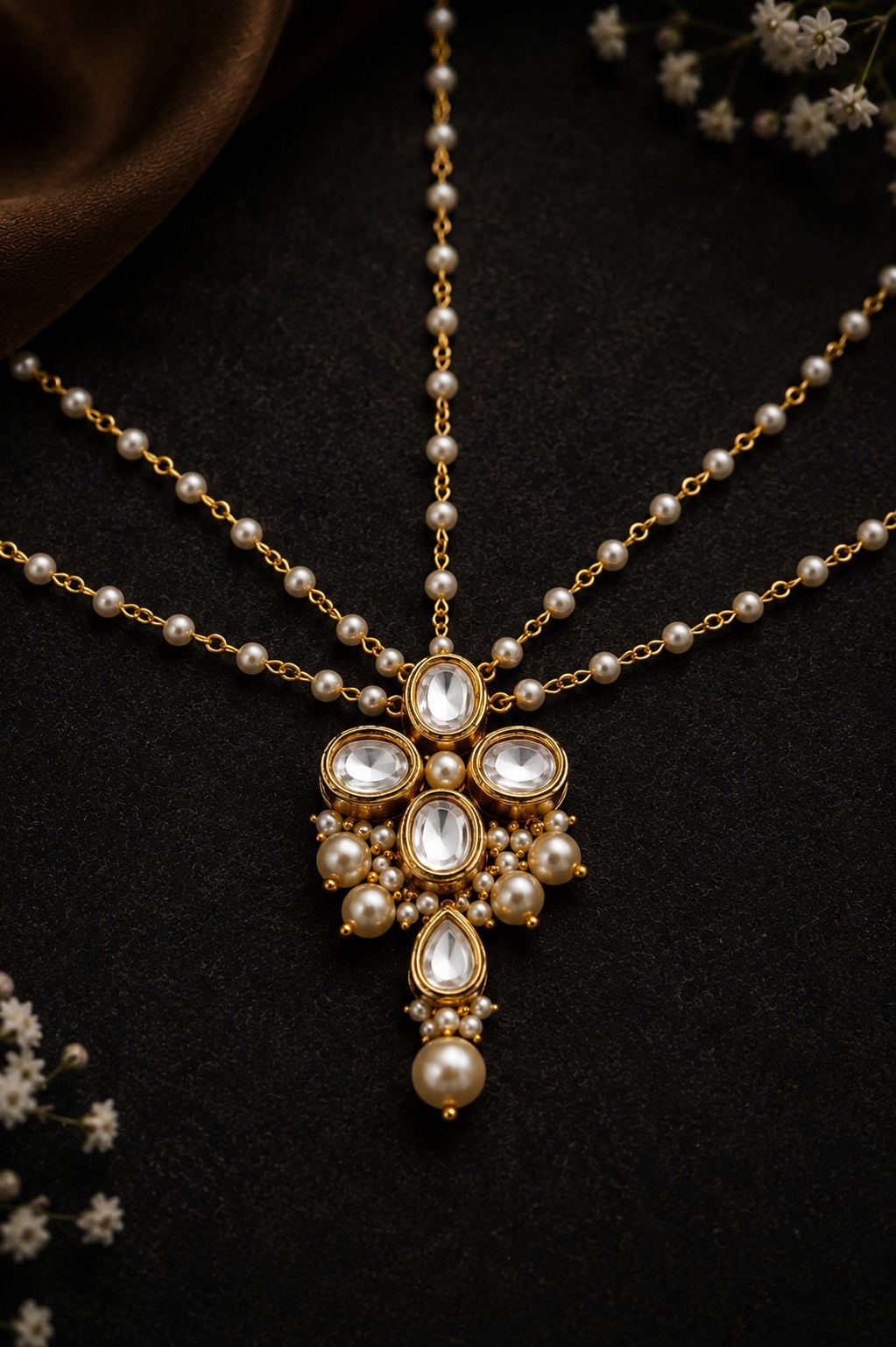 Clover Kundan Flower Pearls Mathapatti