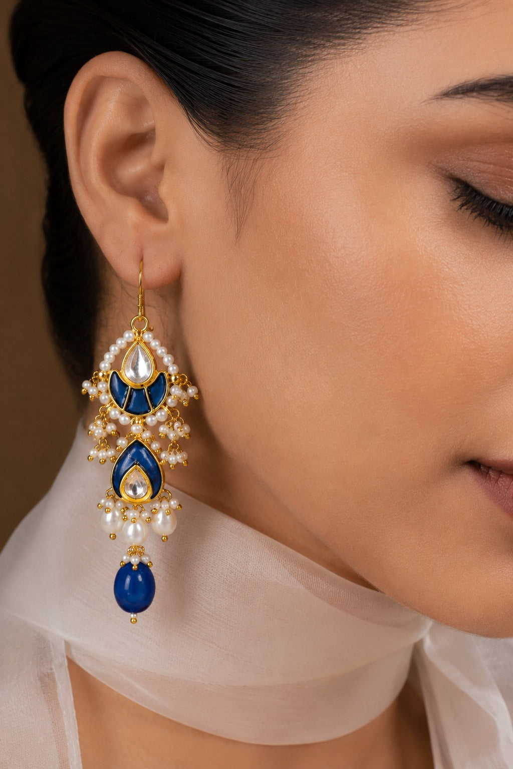Blue Kundan Pearl Dangler Earrings
