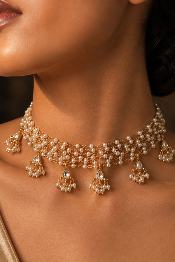 Gold & White Pearls Biya Kundan Necklace