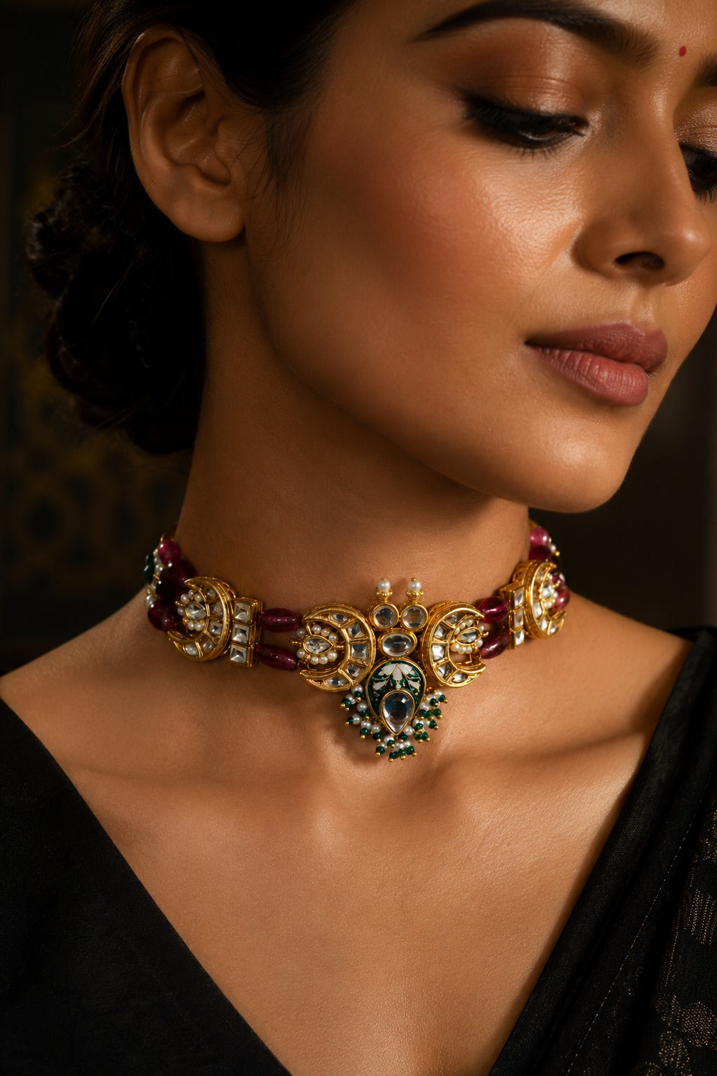 Gold Green Meena Kundan With Tourmaline Drops Choker Necklace