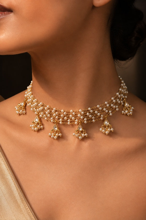 Gold & White Pearls Biya Kundan Necklace