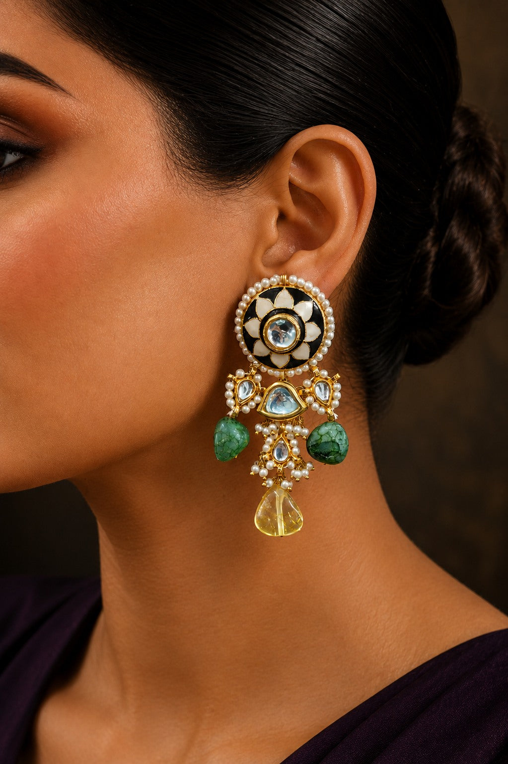 Black & White Meenakari with Yellow Drop Earrings