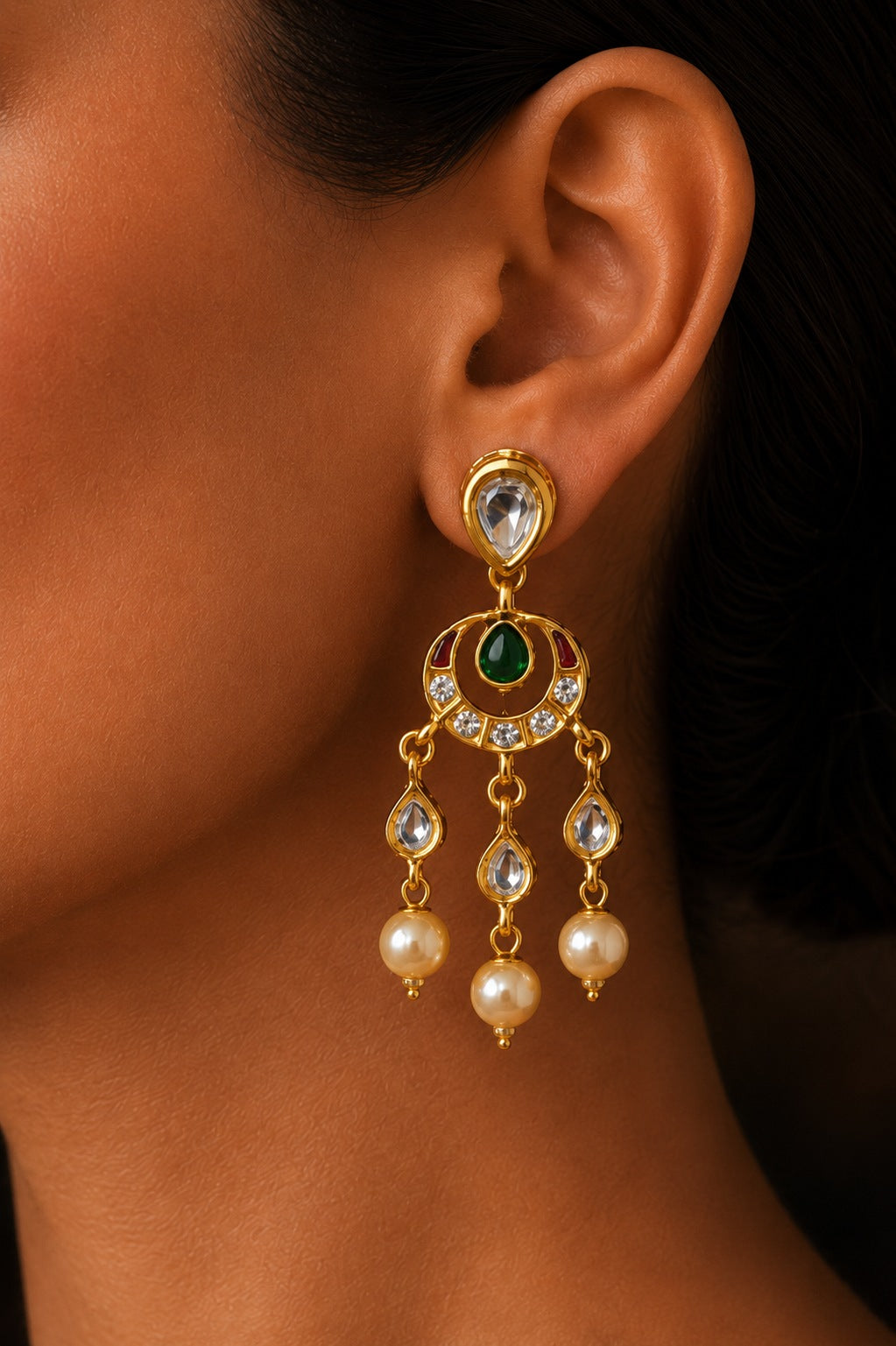 Red & Green Kundan Pearl Drop Dangler Earrings