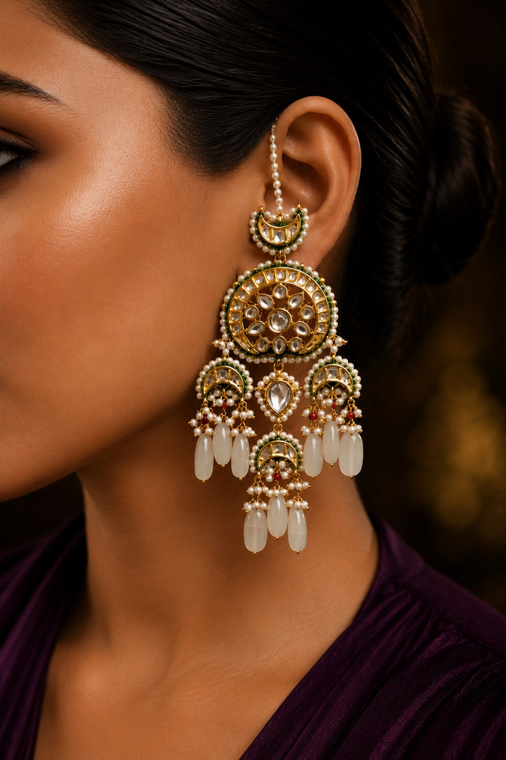 Majestic Green Gold Kundan & Pearls Chandbali Earrings