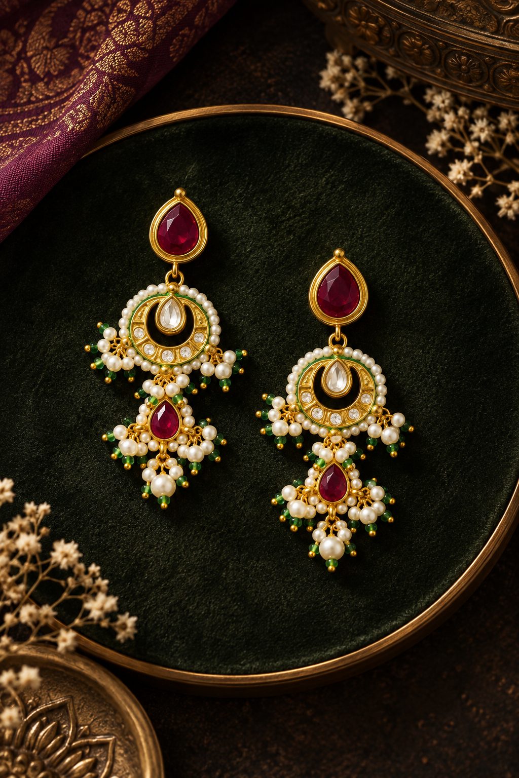 Red Kundan Gold & White Pearl Drop Dangler Earrings