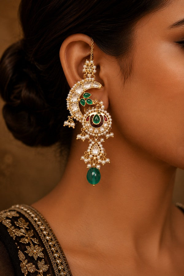 Pink & Green Kundan Chand Crescent Dangler Earrings