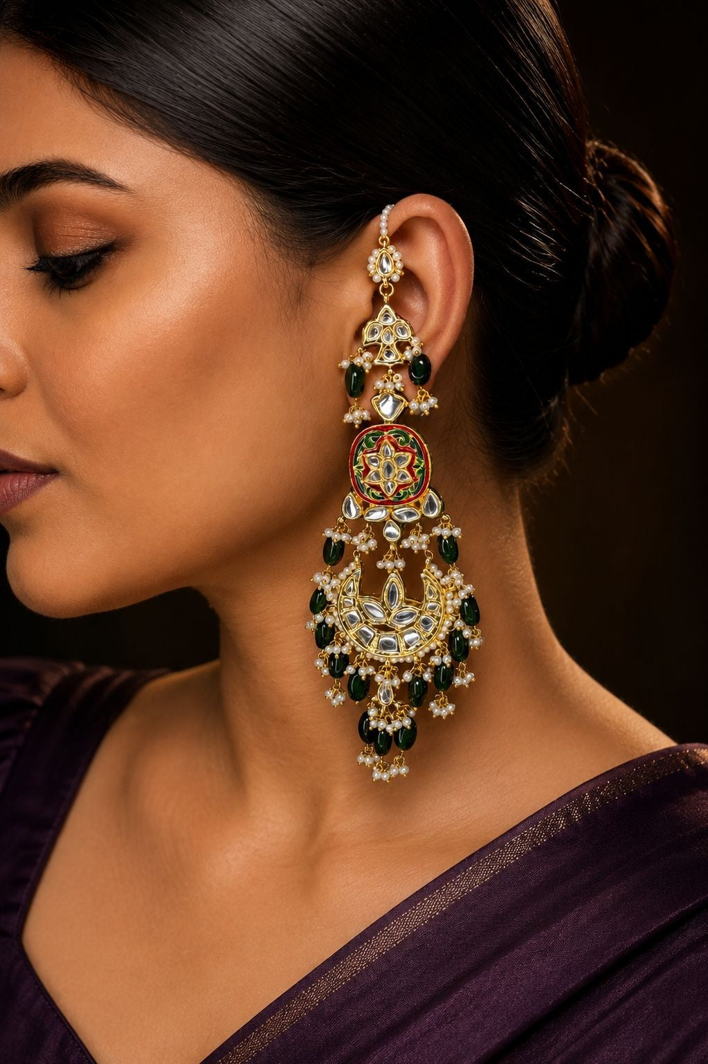 Ornate Chandbali with Emeralds Drops Earrings