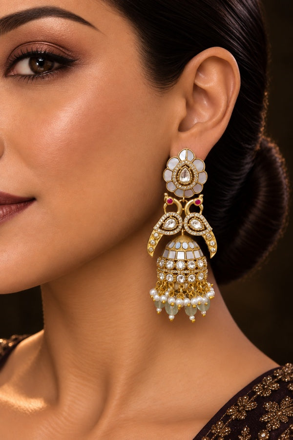 Grey Tone Zircon Details Kundan Jhumki Statement Earrings