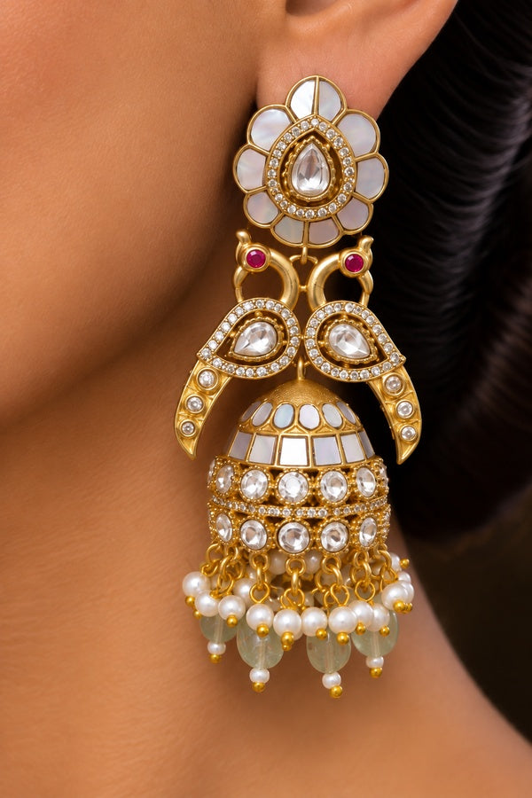 Grey Tone Zircon Details Kundan Jhumki Statement Earrings
