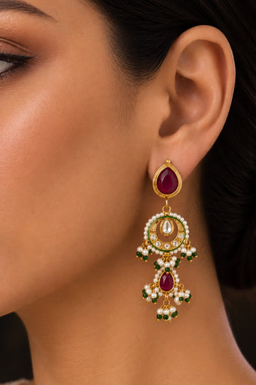Red Kundan Gold & White Pearl Drop Dangler Earrings