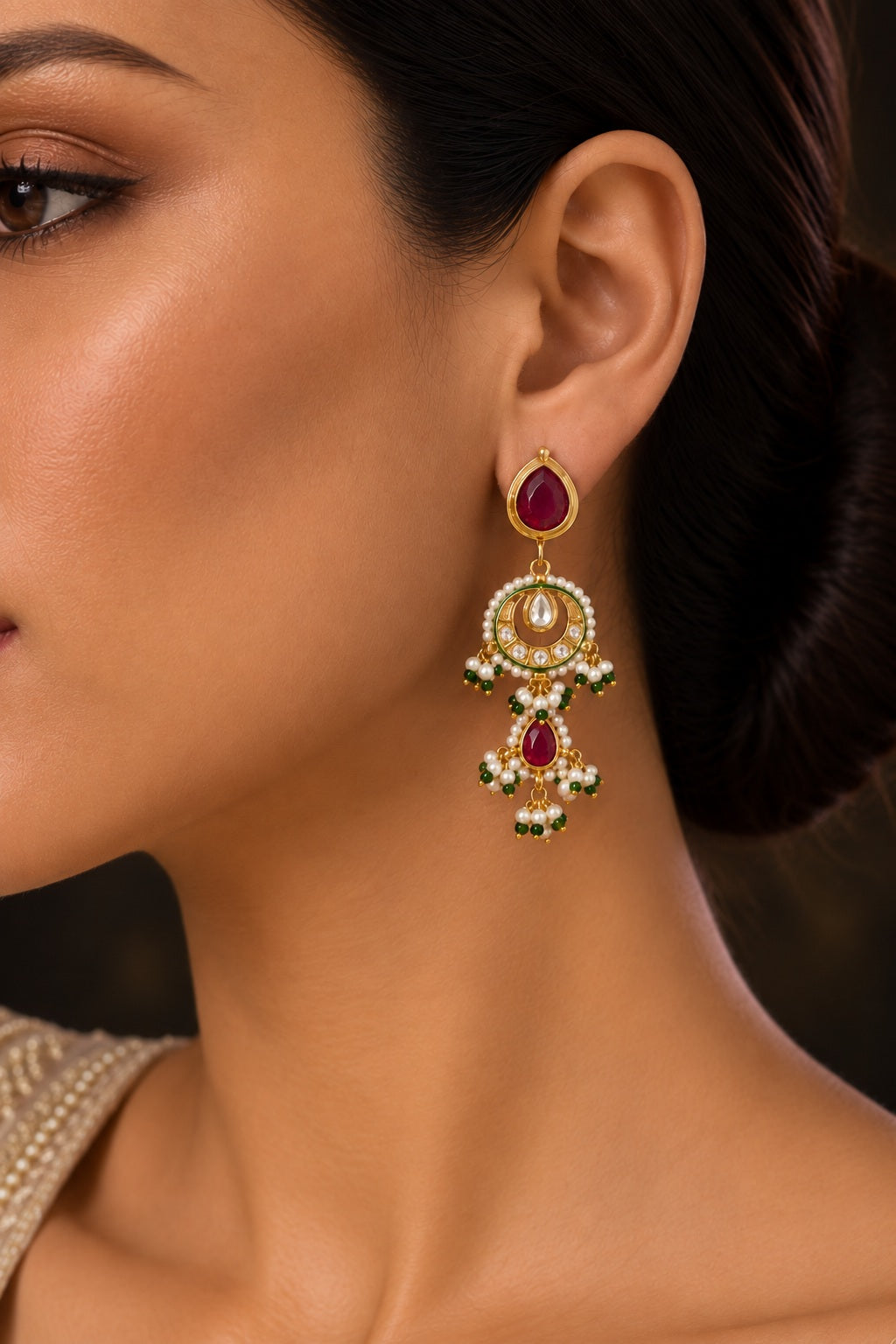 Red Kundan Gold & White Pearl Drop Dangler Earrings