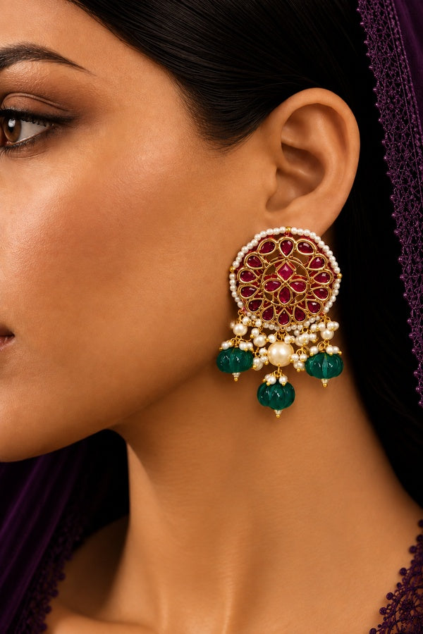 Red Kundan Pearls & Green Drops Dangler Earrings