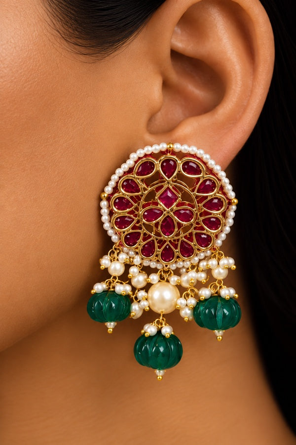 Red Kundan Pearls & Green Drops Dangler Earrings