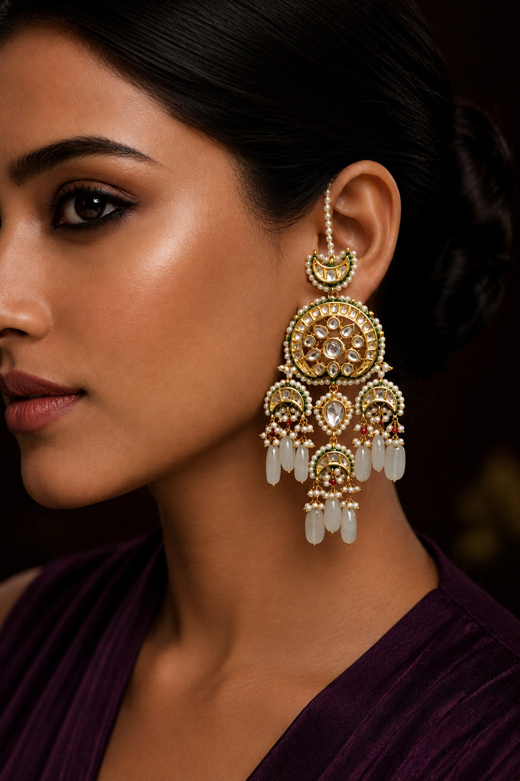 Majestic Green Gold Kundan & Pearls Chandbali Earrings