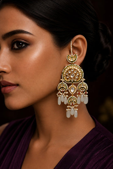 Majestic Green Gold Kundan & Pearls Chandbali Earrings