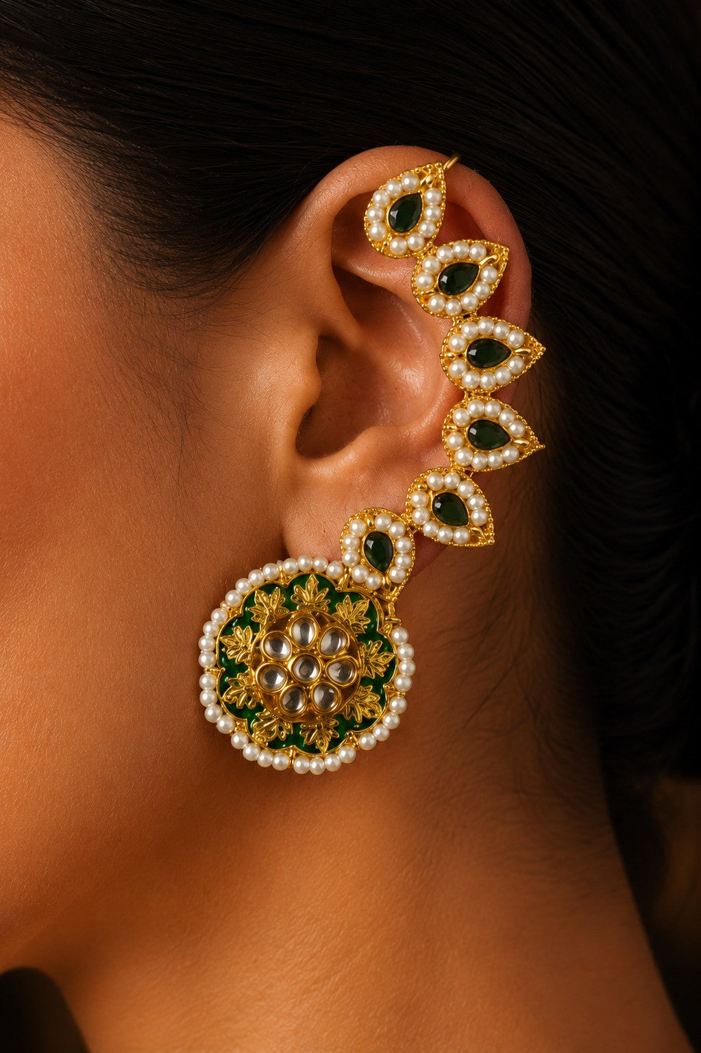Green and Gold Meenakari Pearl Earcuffs
