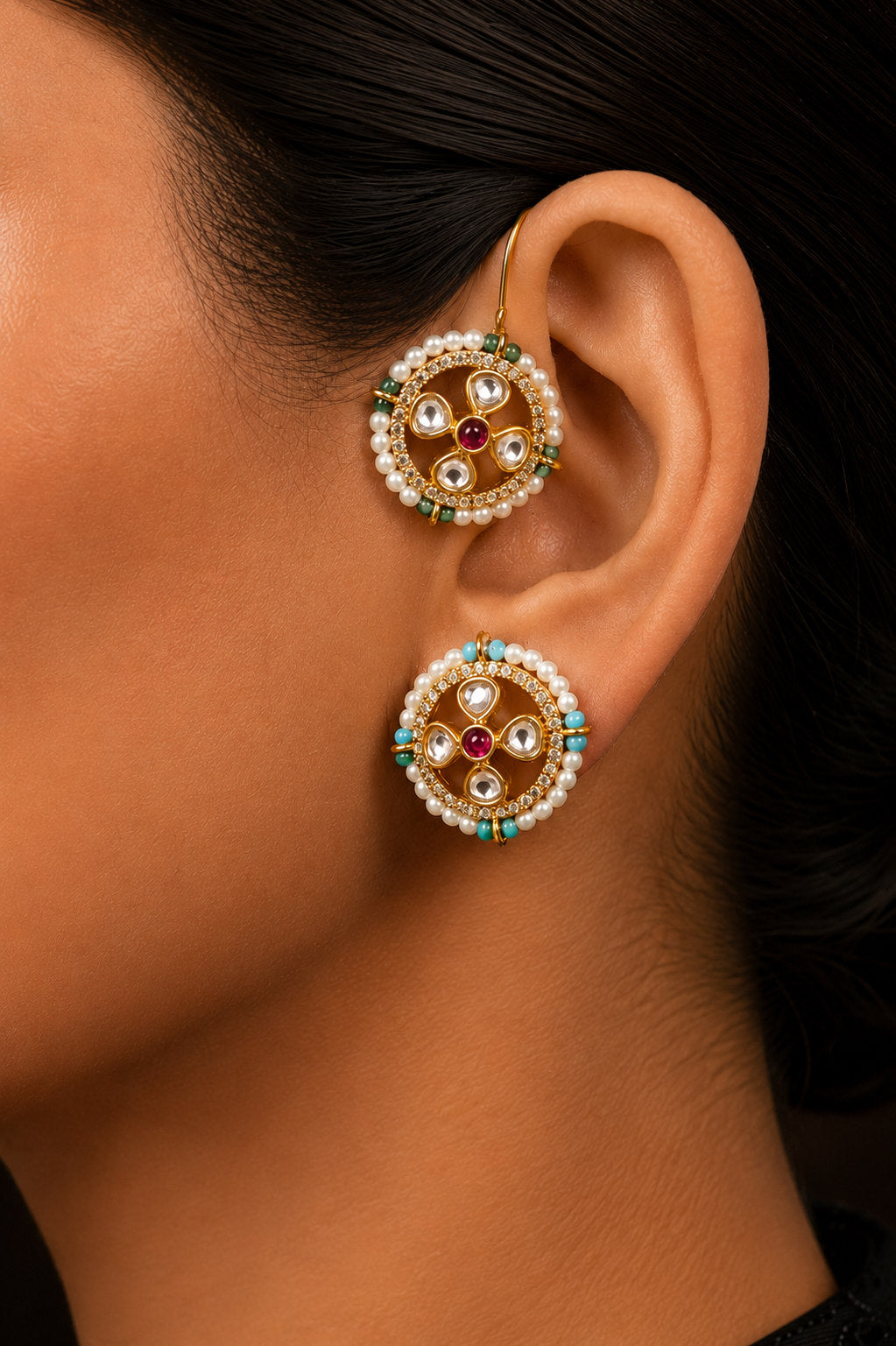 Turquoise & Green Hints Flower Earcuff Earrings