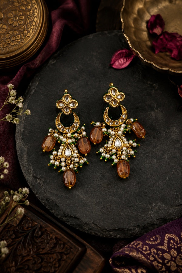 Yellow Citrine With Green Hints Kundan Drop Earrings