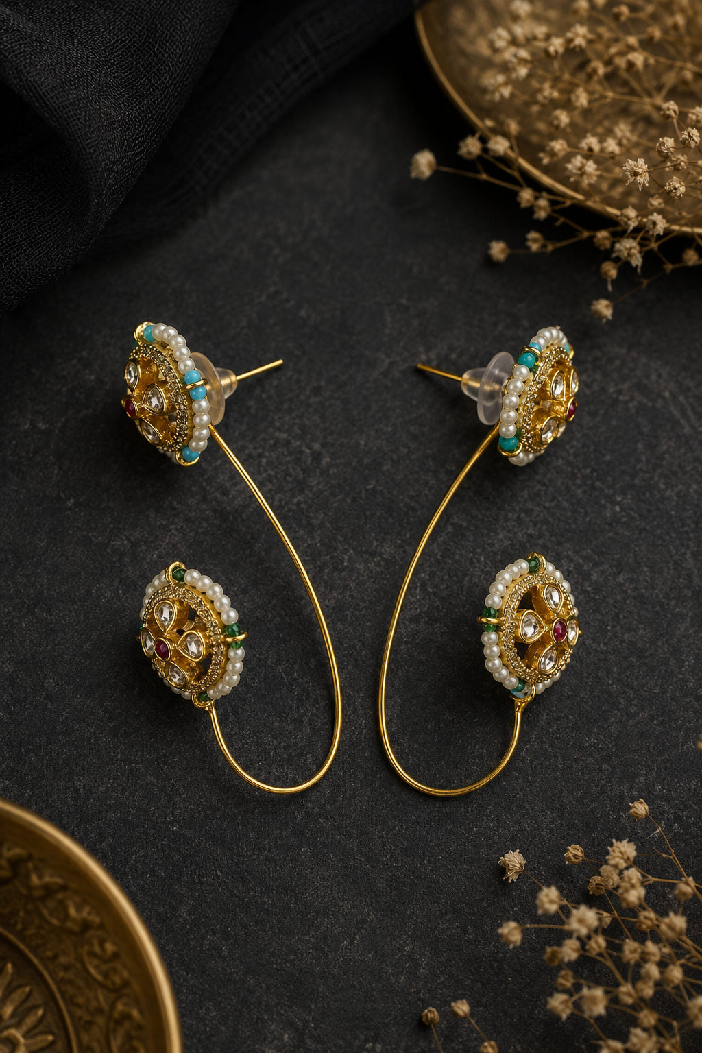 Turquoise & Green Hints Flower Earcuff Earrings