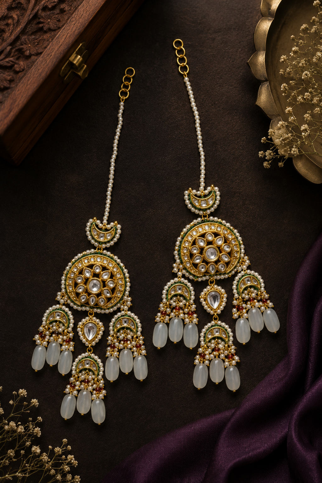 Majestic Green Gold Kundan & Pearls Chandbali Earrings