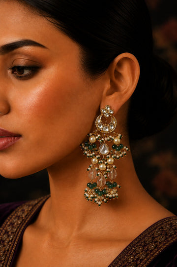 Yellow Citrine With Green Hints Kundan Drop Earrings