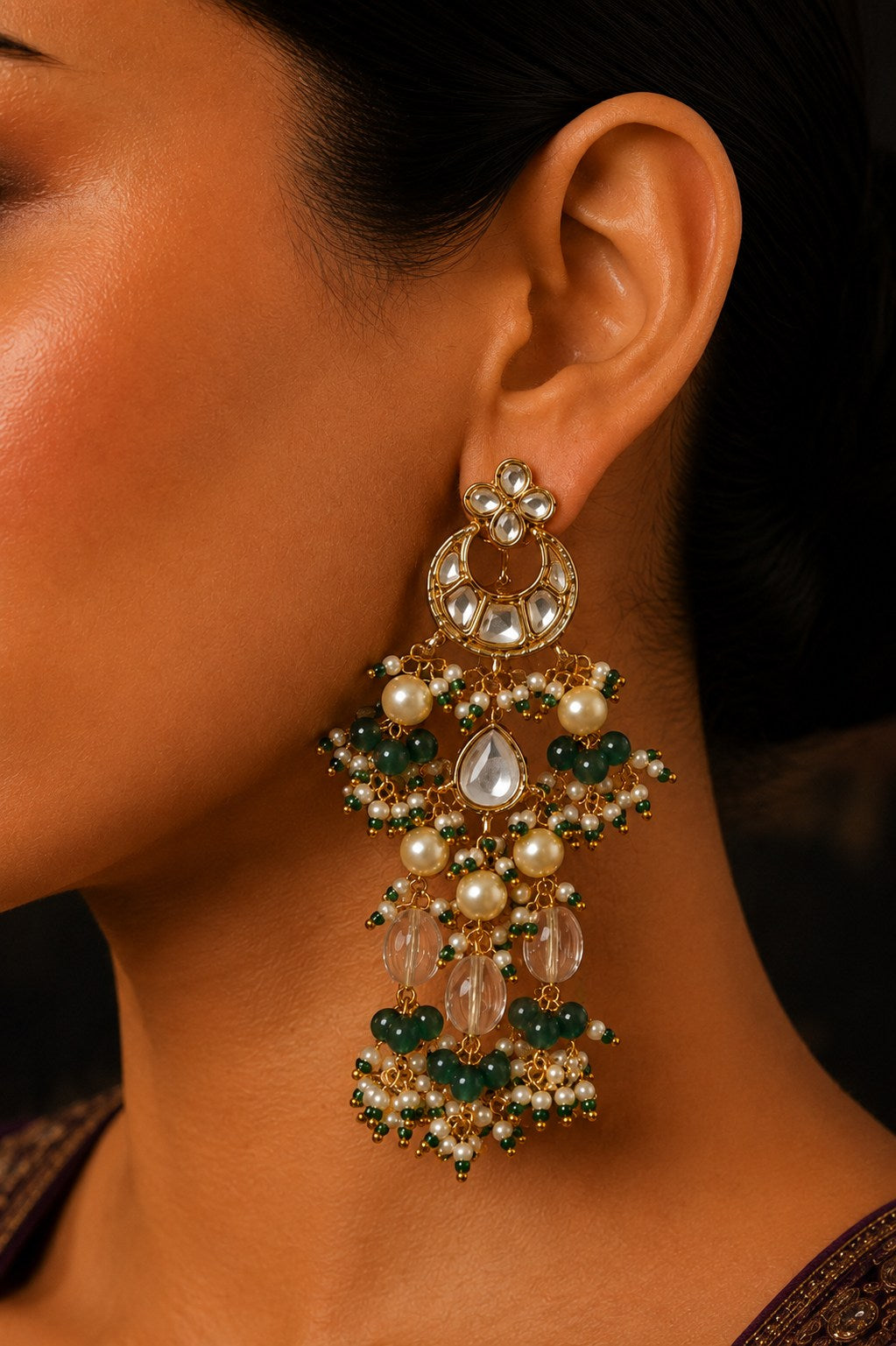 Yellow Citrine With Green Hints Kundan Drop Earrings