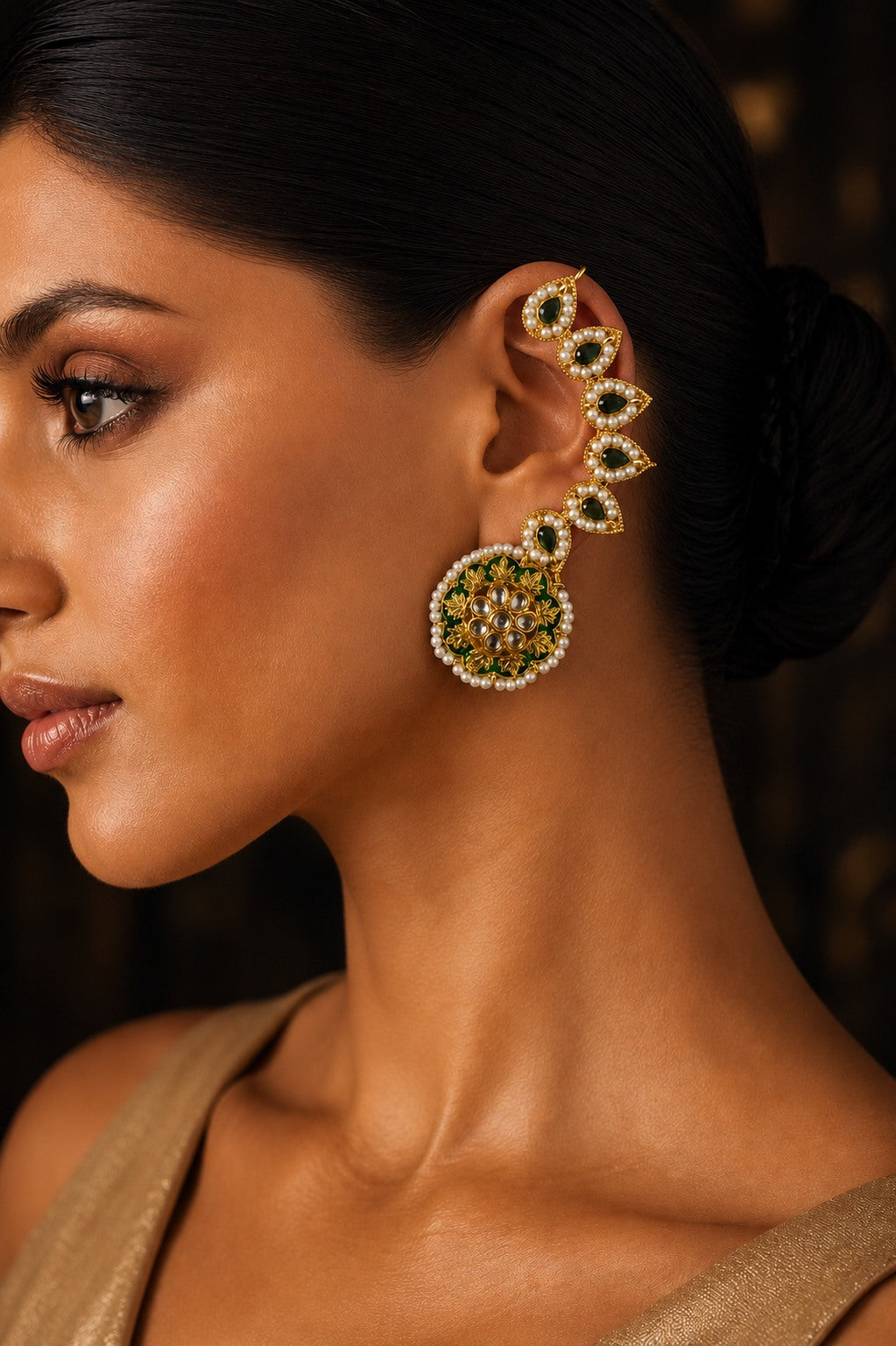 Green and Gold Meenakari Pearl Earcuffs