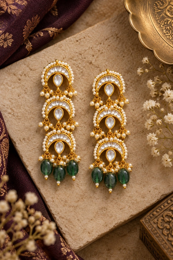 Emeralds Pearls Chand Kundan Earrings
