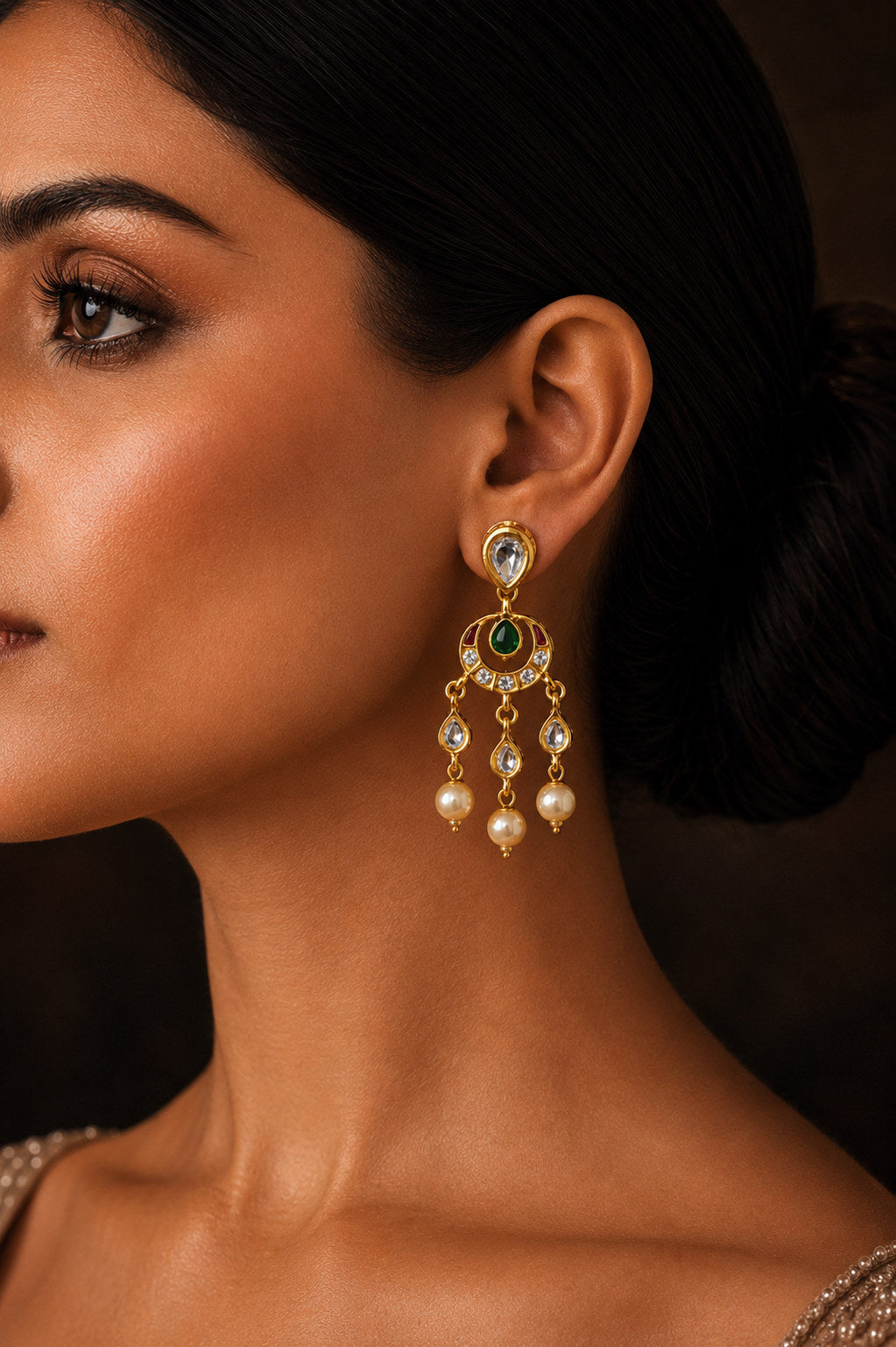 Red & Green Kundan Pearl Drop Dangler Earrings