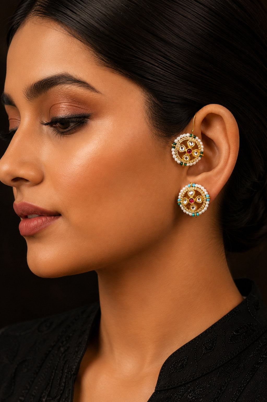 Turquoise & Green Hints Flower Earcuff Earrings