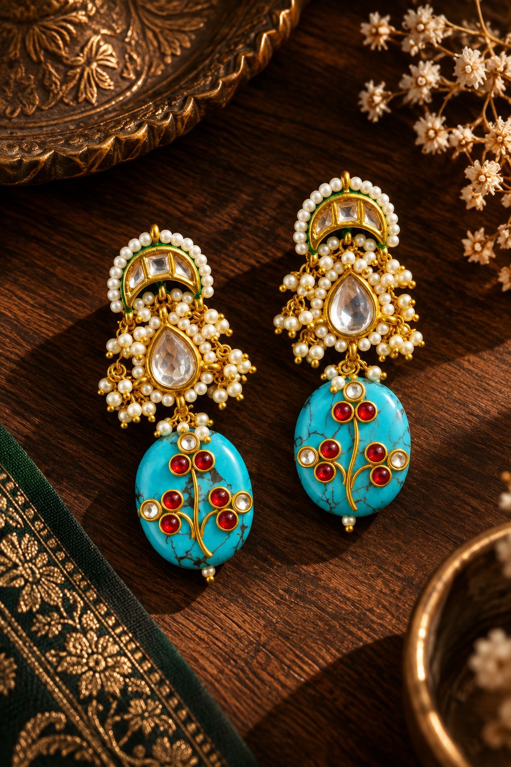 Turquoise Drop Kundan with Pearls Earrings