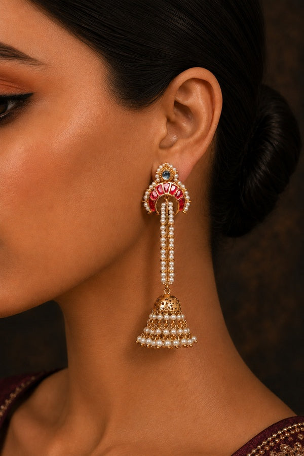 Pink Crescent Gold & White Dangler Jhumki Earrings