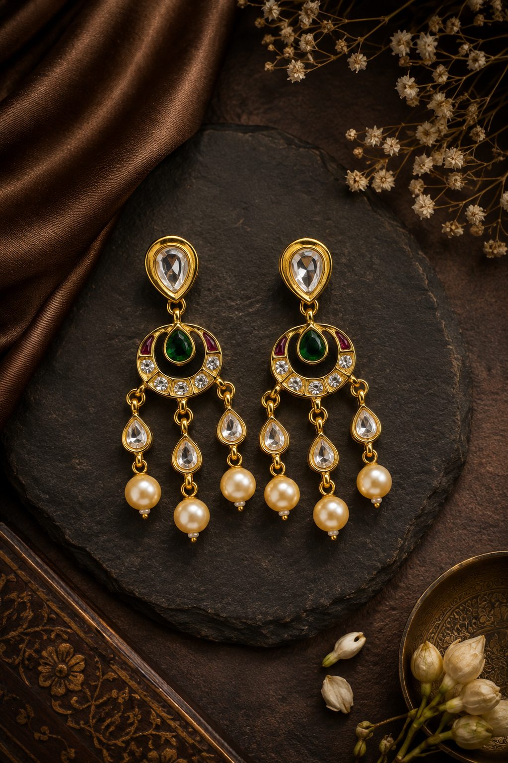 Red & Green Kundan Pearl Drop Dangler Earrings