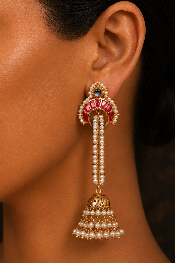 Pink Crescent Gold & White Dangler Jhumki Earrings