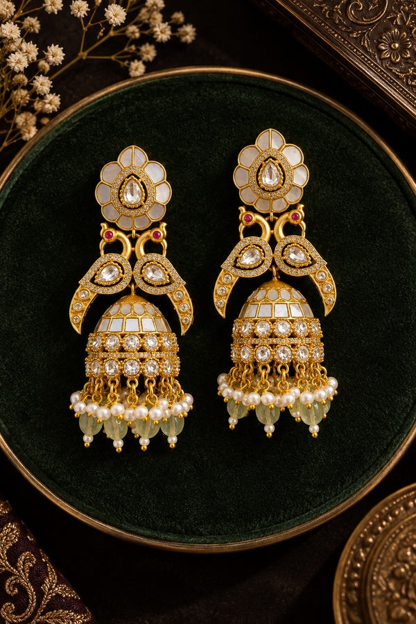 Grey Tone Zircon Details Kundan Jhumki Statement Earrings