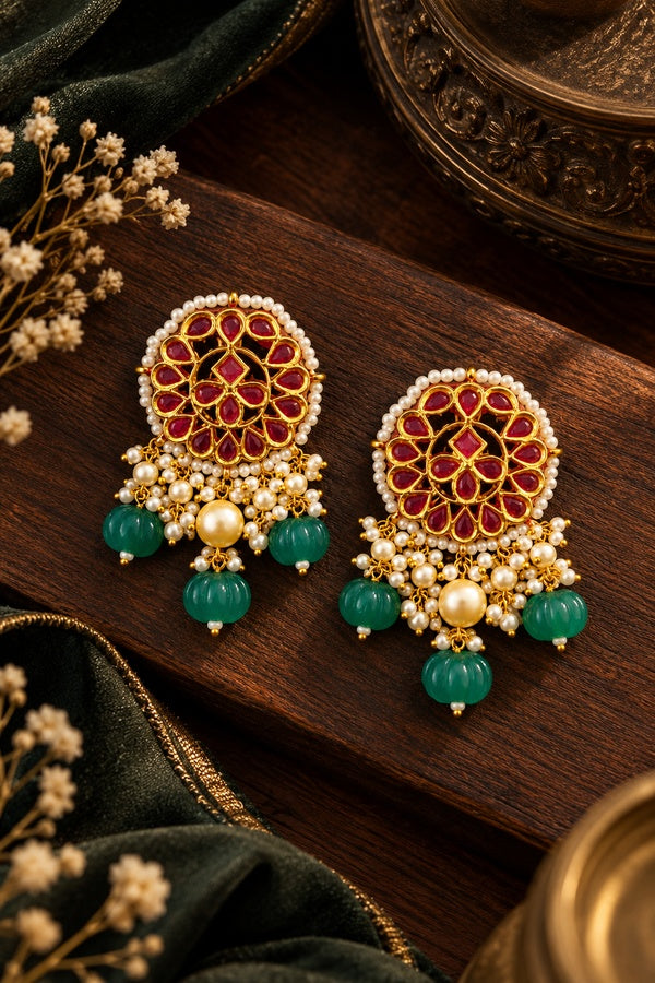 Red Kundan Pearls & Green Drops Dangler Earrings