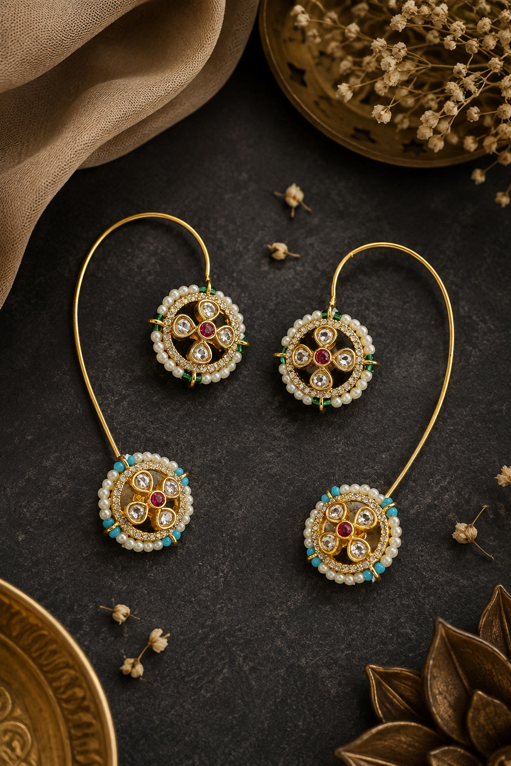 Turquoise & Green Hints Flower Earcuff Earrings