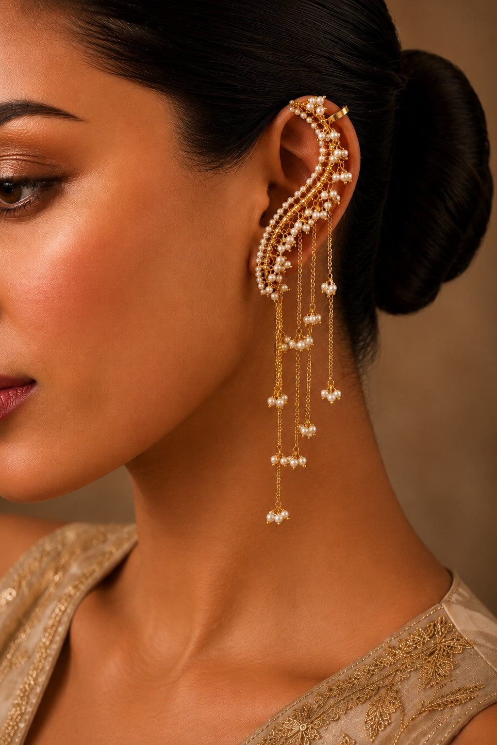 Long Chain Gold Finish Earcuff Earrings