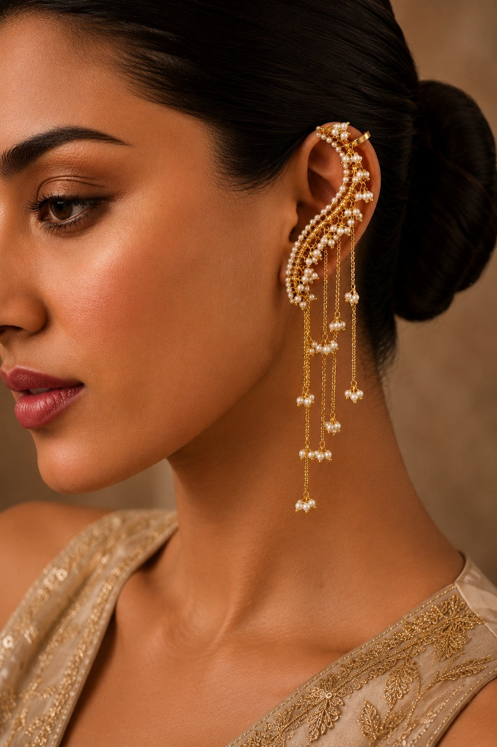 Long Chain Gold Finish Earcuff Earrings