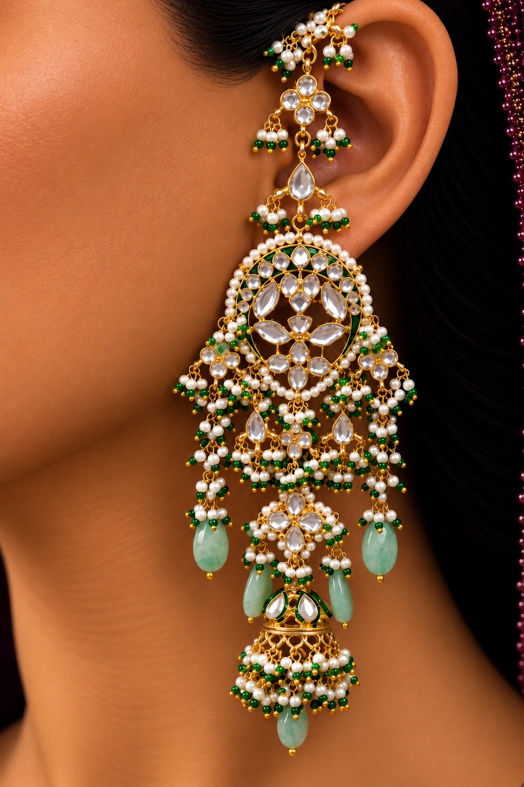 Statement Gold & Green Meenakari Kundan Jhumki Earrings