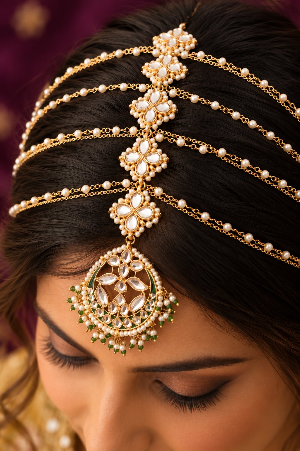 Gold & Green Meenakari Kundan Mathapatti