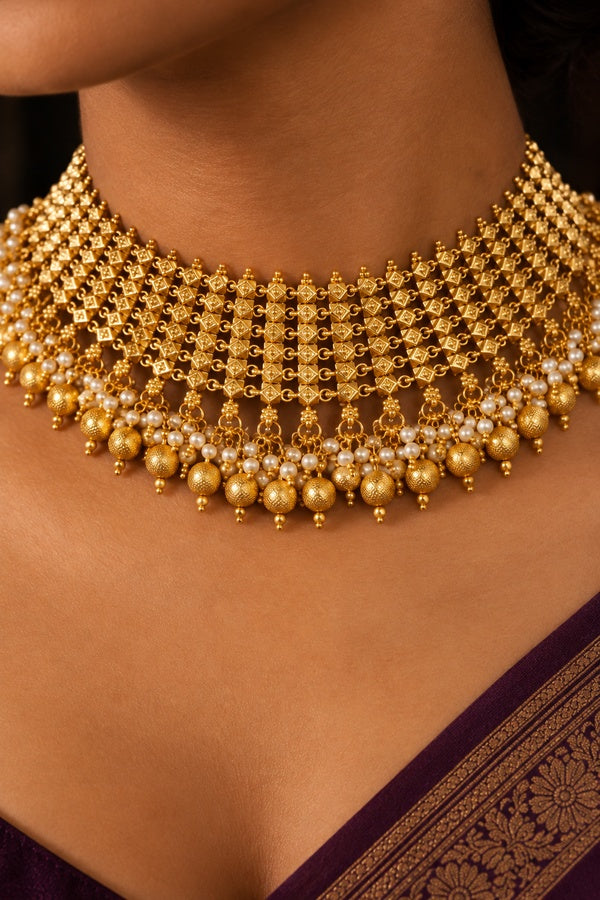 Regal Gold Necklace With Pearls