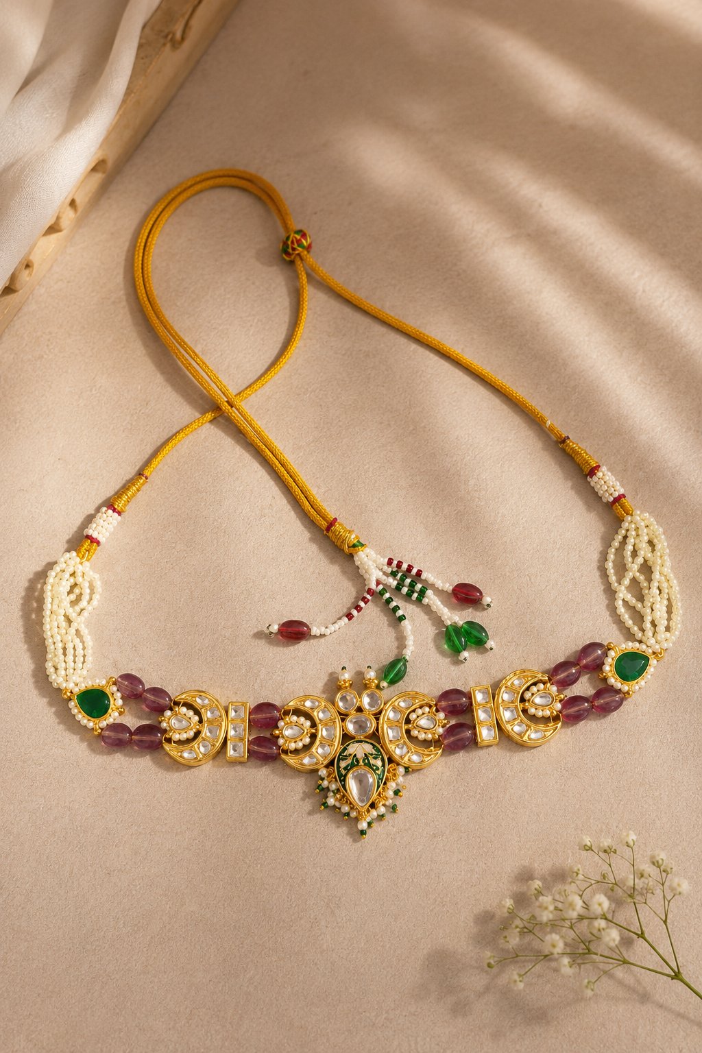 Gold Green Meena Kundan With Tourmaline Drops Choker Necklace