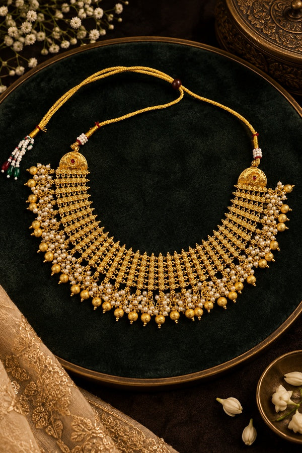 Regal Gold Necklace With Pearls